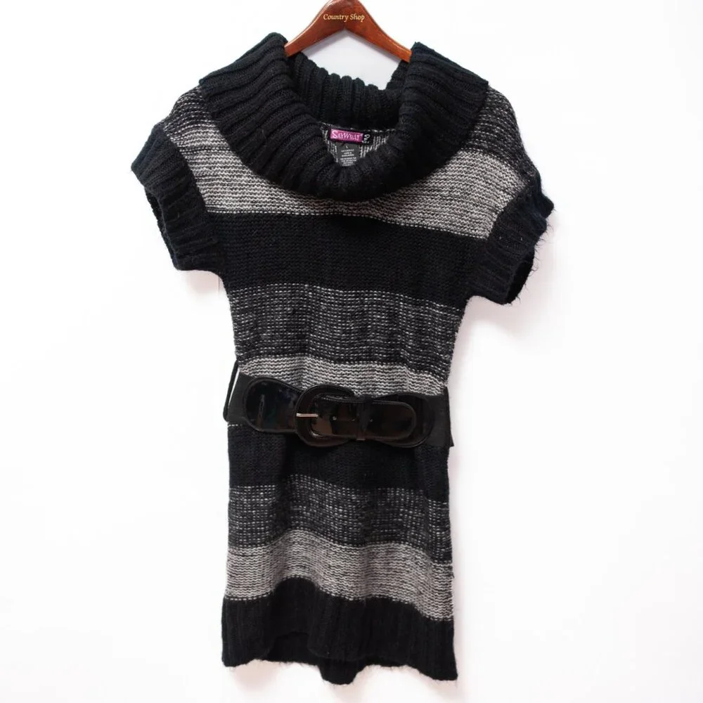 Vintage Y2K Say What Sweater Dress L Cowl Neck Belt Knit Striped Librarian Fall